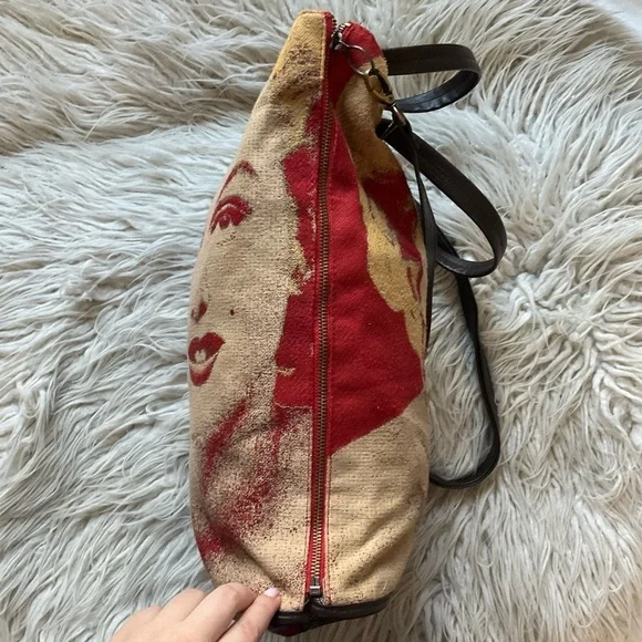 Desigual X Christian Marilyn Monroe Tan Fabric Expandable Crossbody Tote Bag EUC